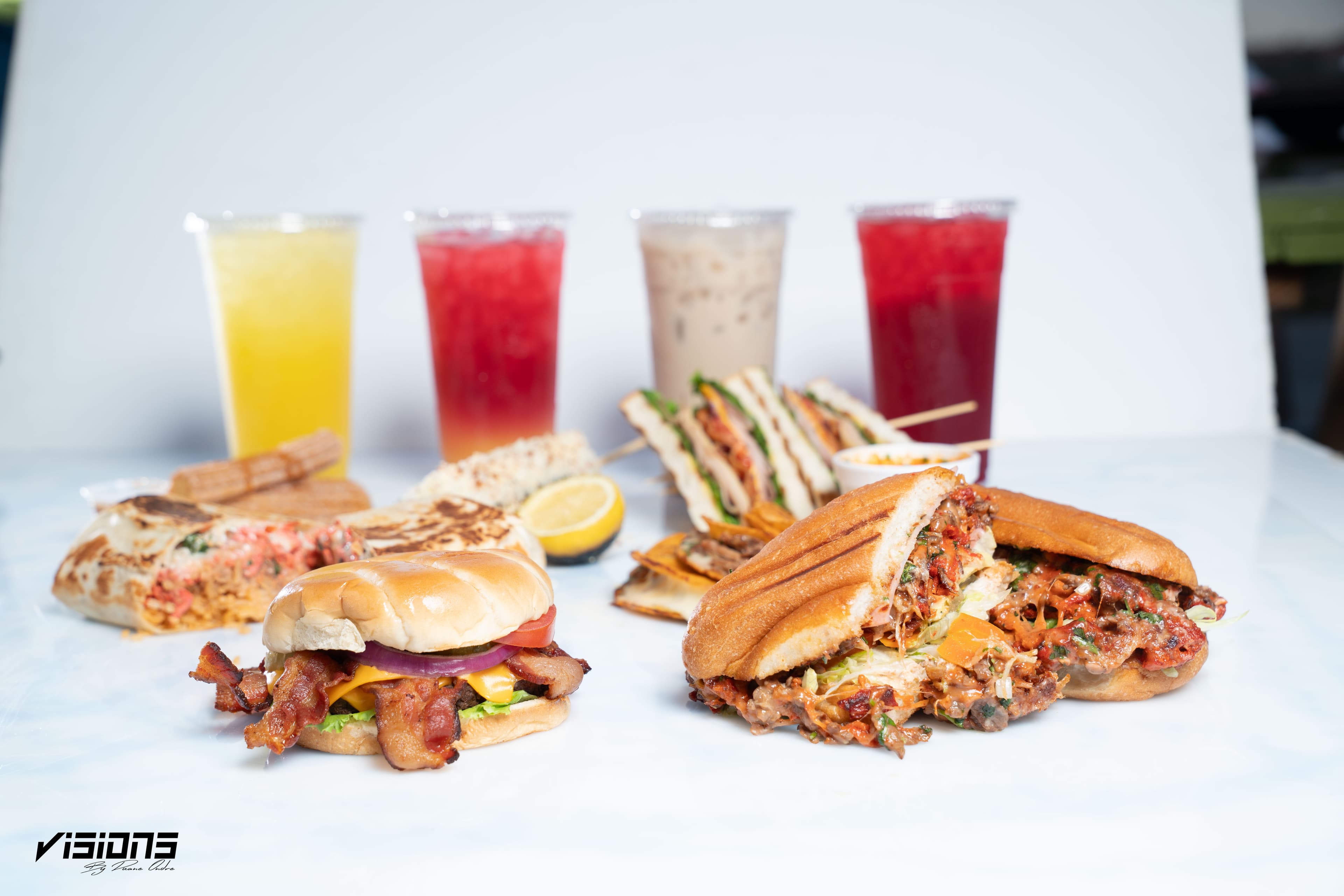 Assorted Catrinas Mexican dishes and aguas frescas